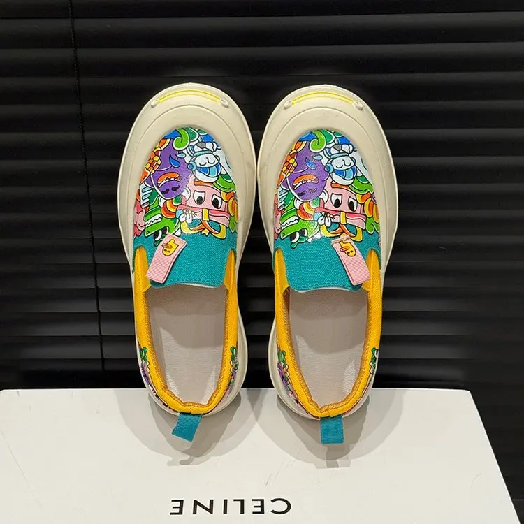 Girls Graffiti Personality Canvas Shoes Women Spring New Round Head Thick Sole Sneakers Outdoor Flats Slip-on Casual Loafers