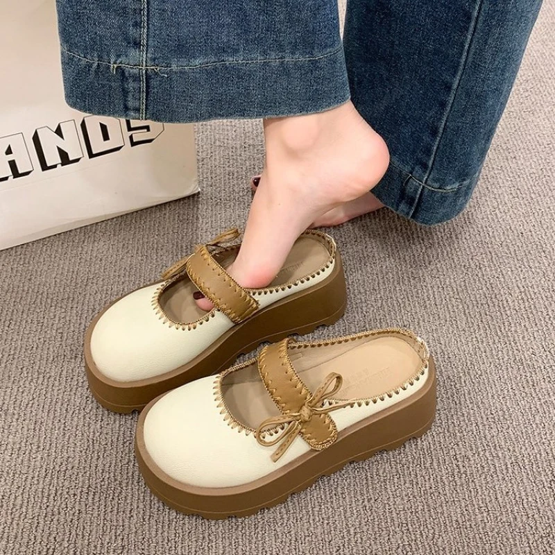 Women Casual Mule Sandals Cute Bow Decor Mary Jane Backless Slides Thick Platform Non Slip Daily Wear Flat Mules Shoes 5