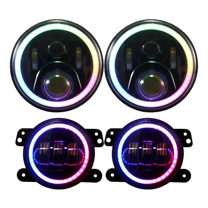 

7-дюймовые круглые фары RGB для внедорожников, 4-дюймовые круглые противотуманные фары RGB, светодиодные фары RGB для jeep JK '07-'17