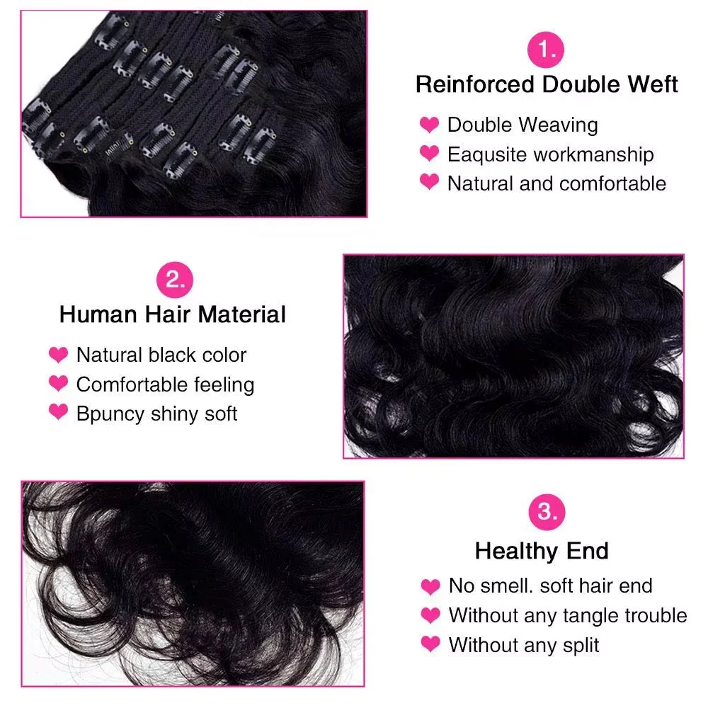 Body Wave Clip In Human Hair Extensions 120g/set Clips In Extension Full Head Brazilian Clip on Hair Extension for Women 1B# hair extensions