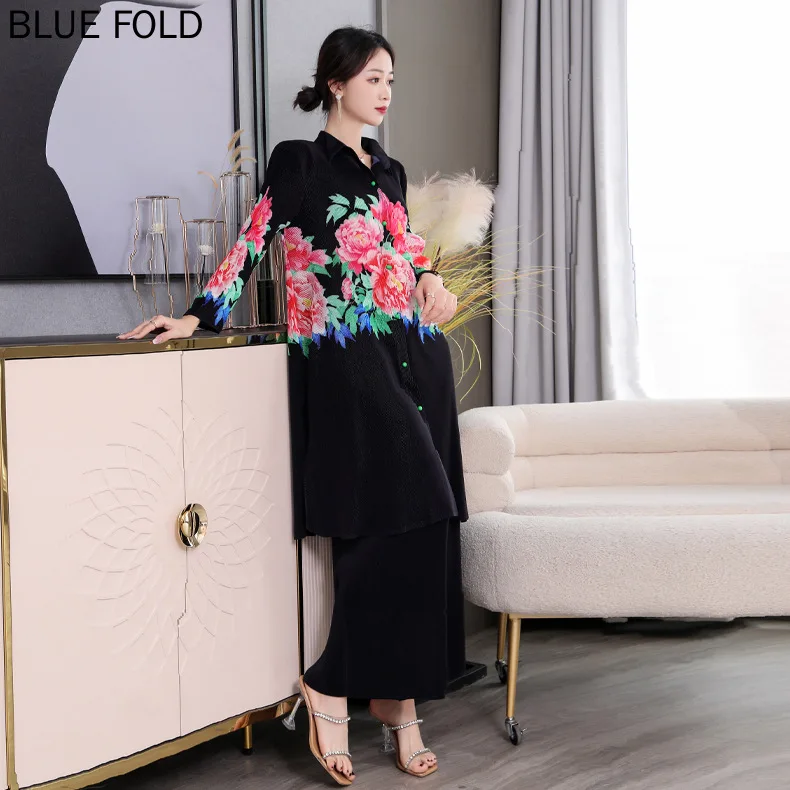 

Женский комплект из 2 предметов Miyake Fold, тонкое пальто и брюки с принтом, большой размер, свободное похудение, темперамент, Новая мода