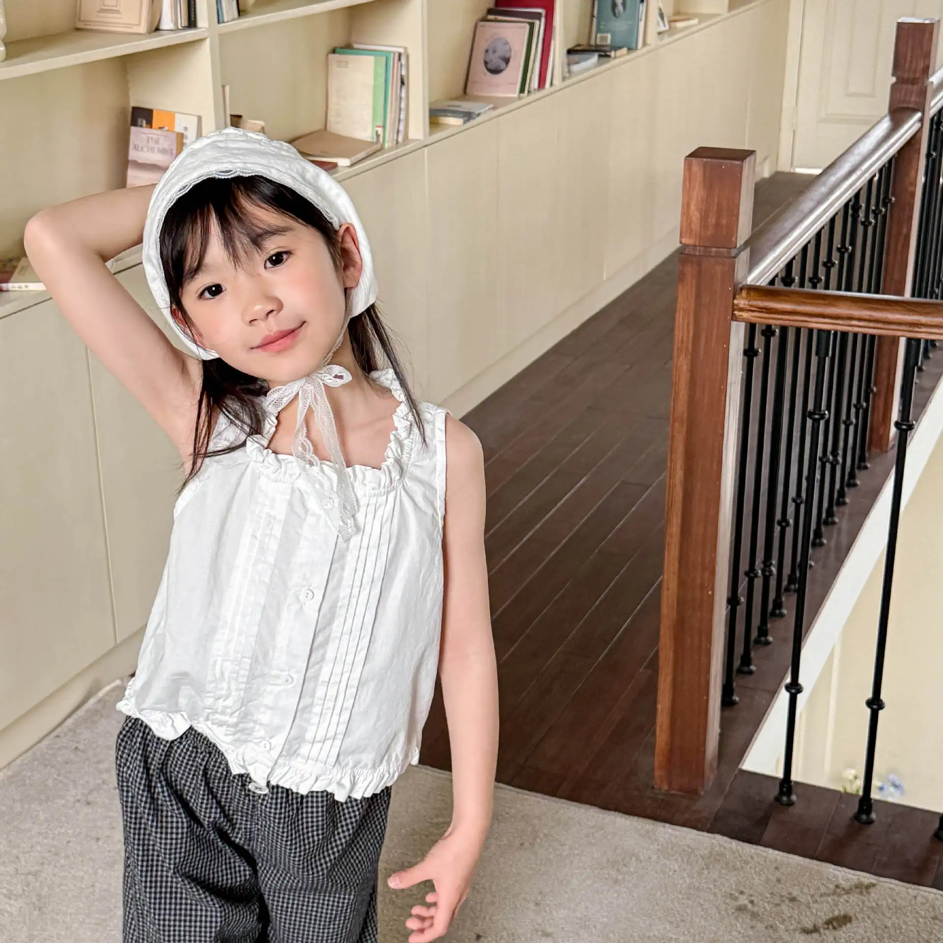 여름 여아 주름 장식 셔츠 민소매 탑 한국 스타일 베이비 키즈 체크 무늬 조끼 블라우스 2026