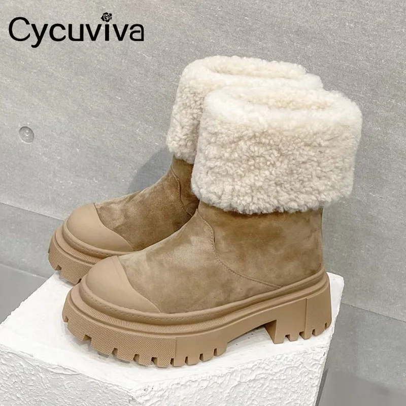 

Winter Natural Wool Platform Snow Ankle Boots For Women Suede Leather Warm Casual Shoes Thick Square Heel Brand Short Boots