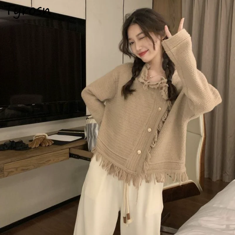 

Cardigan Women Autumn Loose Fashion Knitting Daily Tassel Simple Cozy Sweet Elegant Tender Korean Style O-neck Ladies All-match