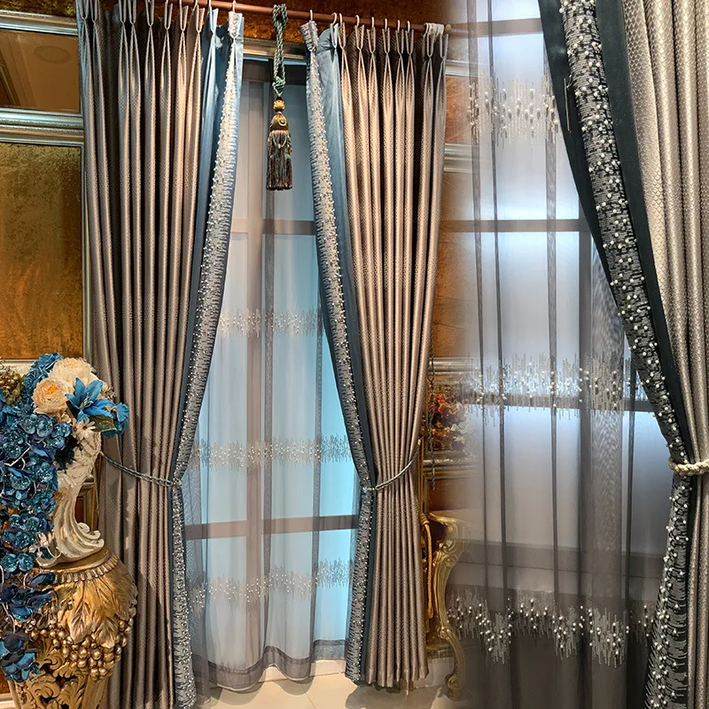 PearlsSequinsEmbroideredCurtainsforLivingRoomLuxuryGray7590BlackoutCurtainsfor