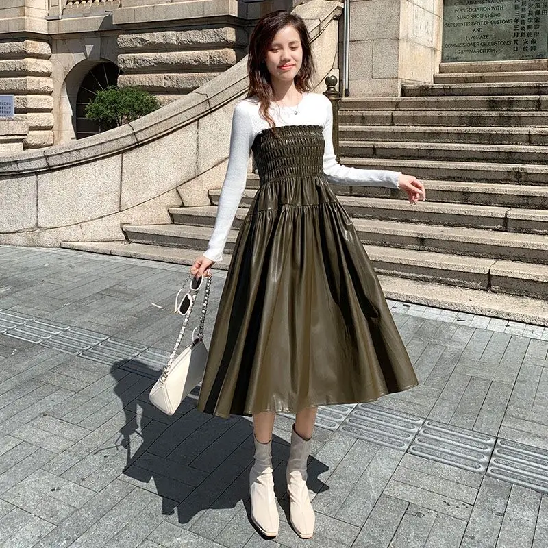 Qiukichonson PU Autumn Winter Long Skirt Korean Fashion Elegant Ladies Elastic High Waist A-Line Midi Pleated Skirt Black Gonna