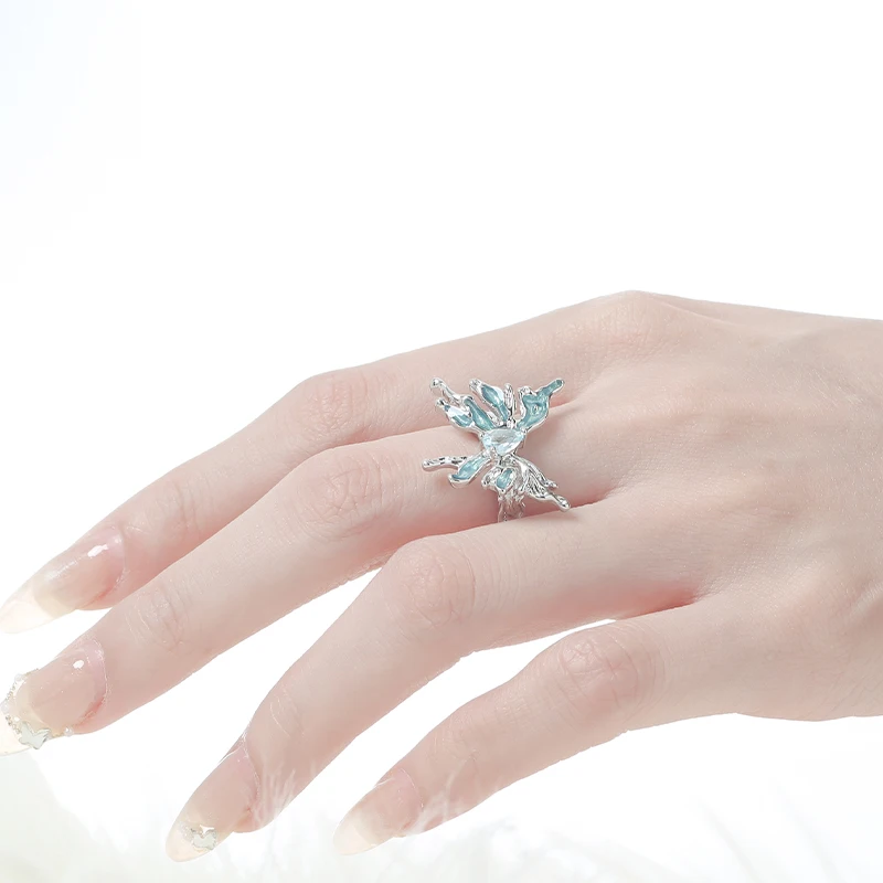 New Ice Butterfly Ring for Women with Non fading Glue Drop, Unique and High end, Light Luxury and Cold Style Index Finger Ring