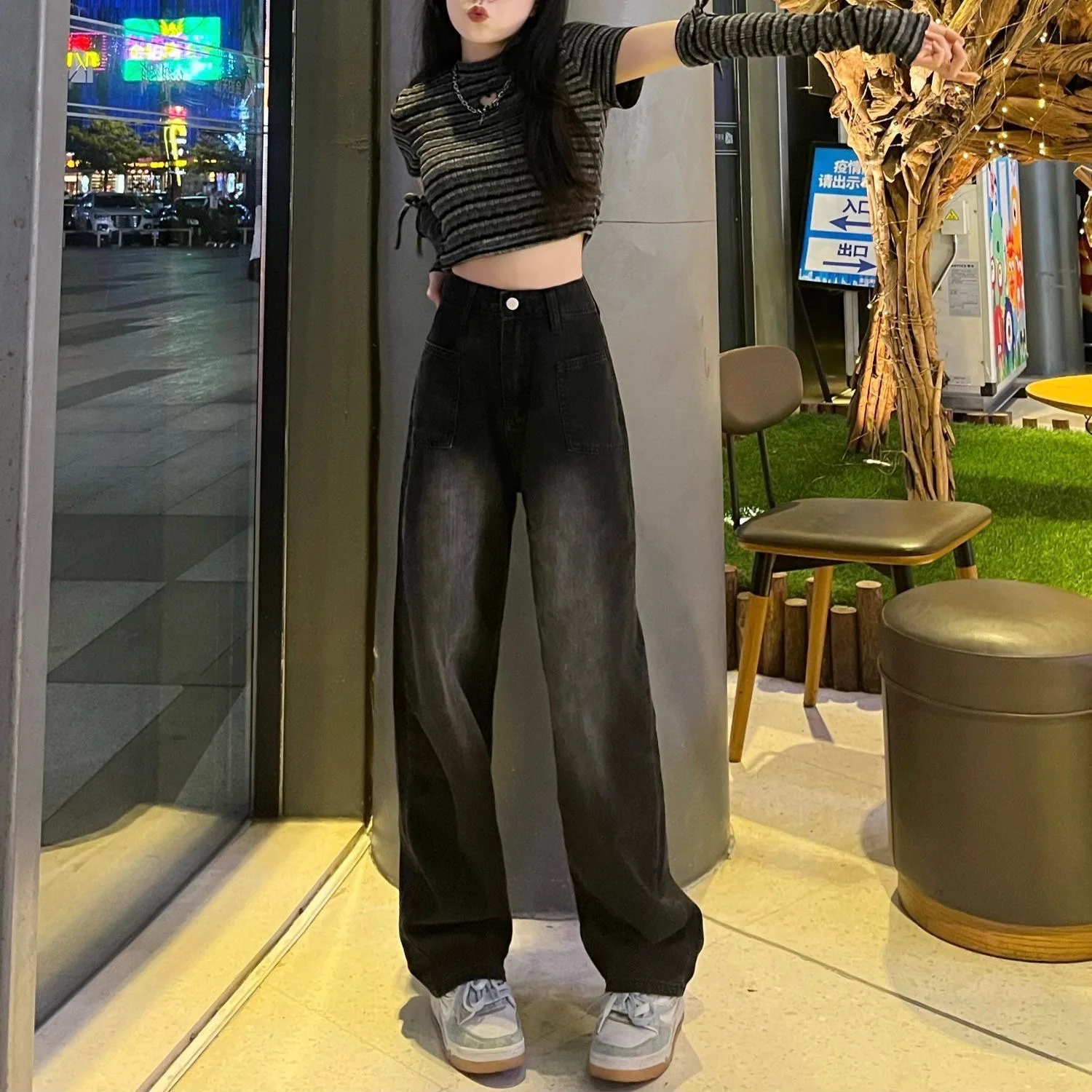 

2023 Retro Straight Jeans Women Spring Autumn Casual High Waist Wide Leg Pants Loose Thin Mopping Trousers Streetwear