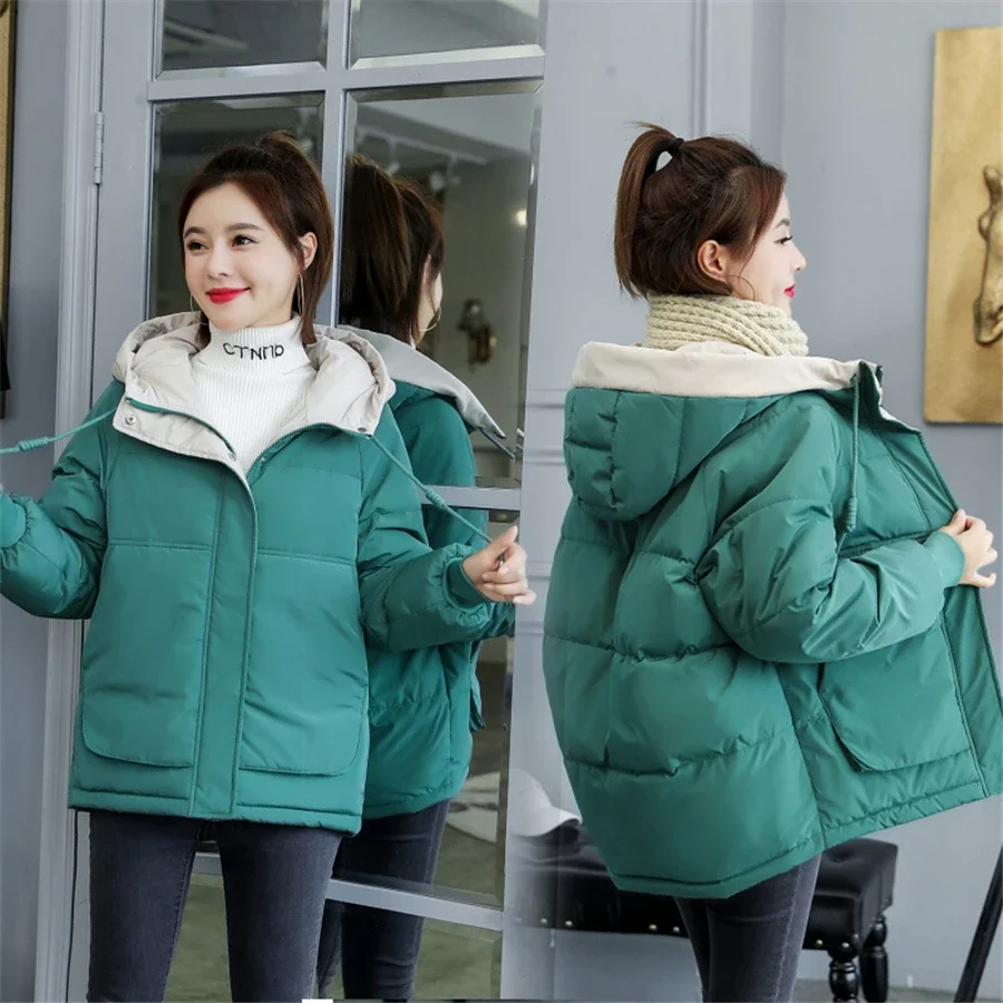 

S-3XL Thicken Hooded Short Parkas Down Cotton Winter Women Jacket Warm Basic Solid Coat Fluffy Snow Wear Outwear Top