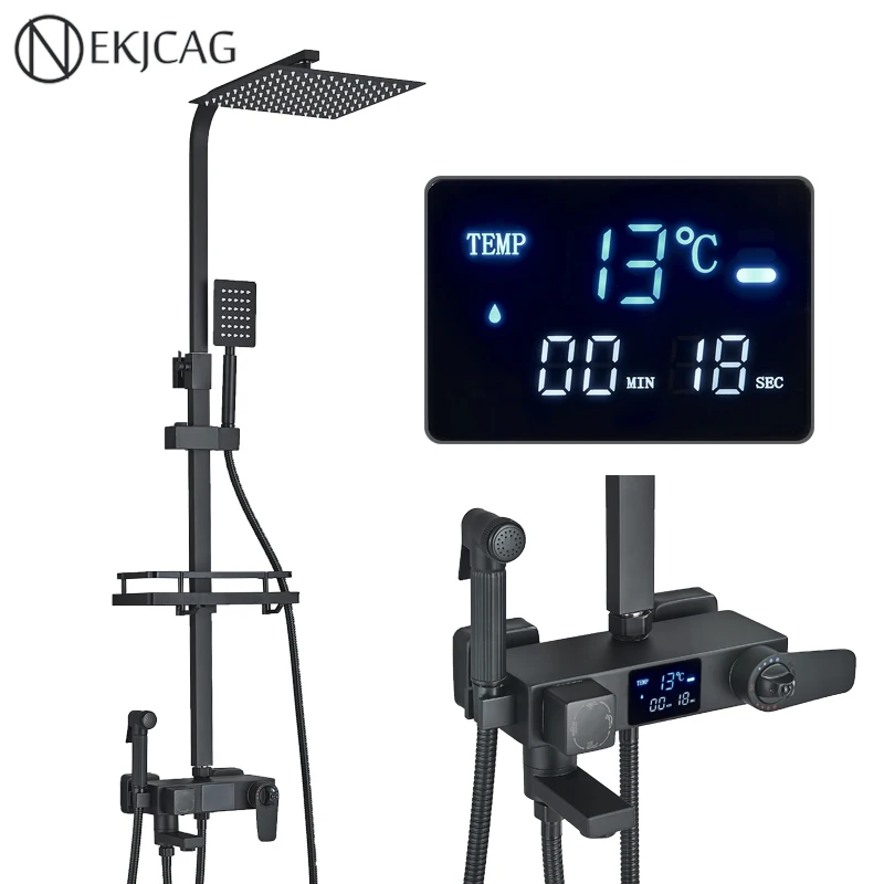 Black Thermostatic Shower Adjustable Height Faucet Set Shower Tub With