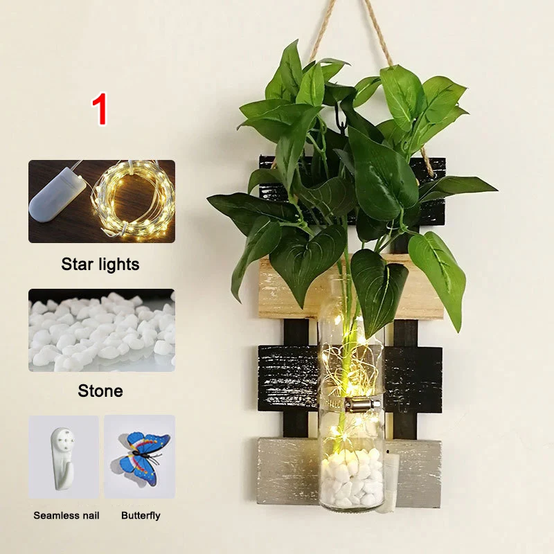 Rustic Wooden Wall Hanging Decor With LED String Lights Artificial Flowers For Modern Living Room And Bedroom