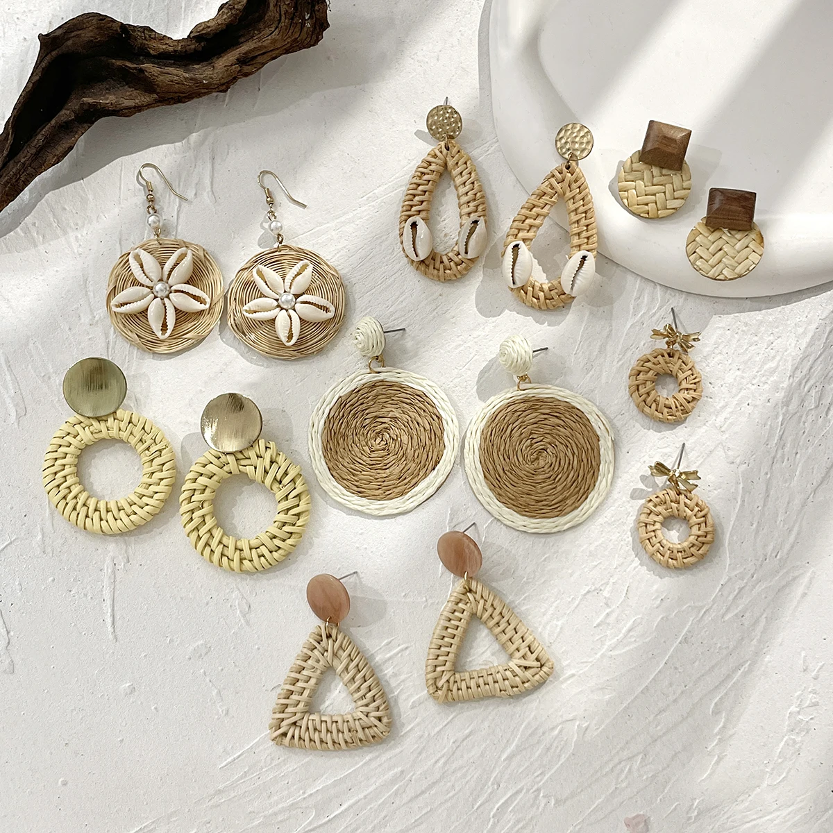 Handmade Boho Raffia Earrings For Women - Rattan Teardrop Dangle Earrings For Summer & Beach