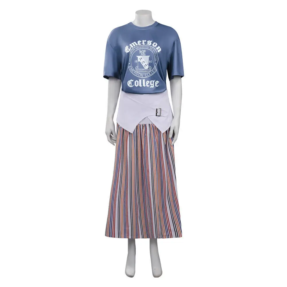 thumbnail image 2 of Disfraz de Cosplay de Nancy Wheeler de Anime, camiseta azul, falda larga de rayas verticales, trajes para mujeres adultas, trajes de fiesta de Halloween, 2 of 5