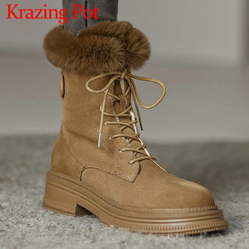 

Krazing Pot Cow Suede Round Toe Med Heels Fur Keep Warm Platform Cross-tied Snow Boots Rivets Non-slip Kpop Style Ankle Boots