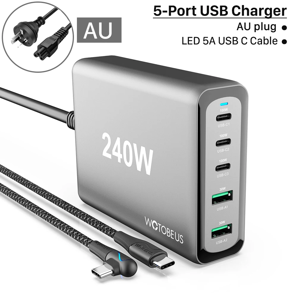 Cargador USB C de aleación de aluminio 260 W GaN cargador rápido USB C  estación de carga 7 puertos 65W cargador portátil para MacBook Pro/Air/iPad