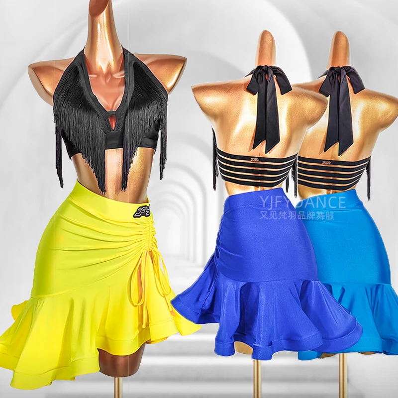 

2023 New Latin Dance Performance Costumes For Women Black Tassels Tops Colorful Fishbone Skirts Adult Latin Dance Dress DN15953