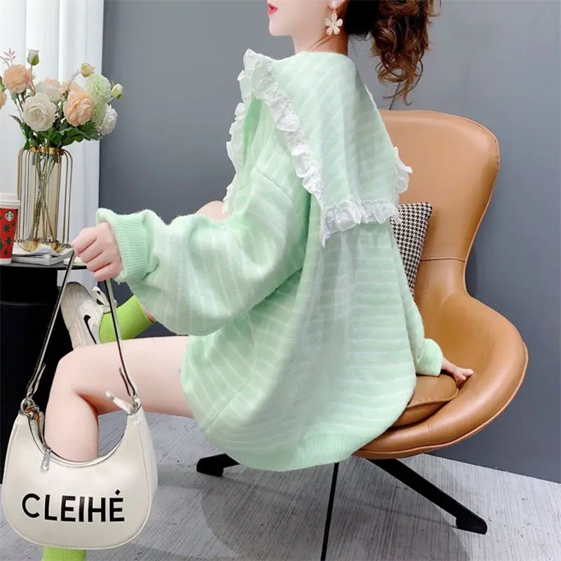 

Pullover baby neck striped sweater women pullover 2023 new autumn and winter long sleeve loose lace splicing knitted sweater top