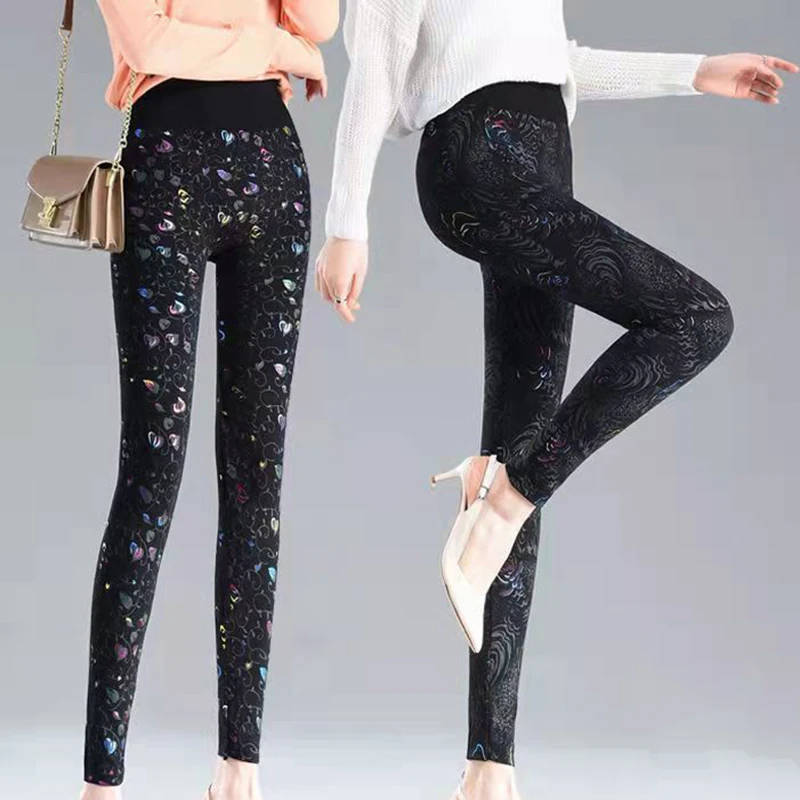 Women's Winter Print Leggings Warm Skinny Pants High Waist Warm Thick Fleece Winter Tight Pants Women Velvet Leggins Woman Black
