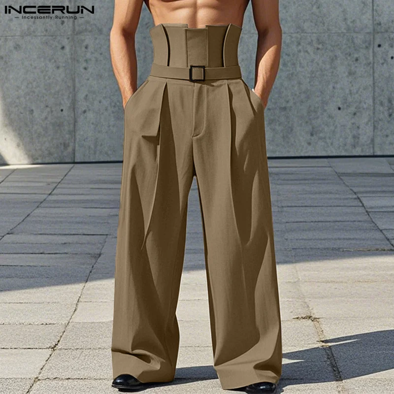 INCERUN Summer Men Pants Fashion High Waist Male Pantalons Zipper Long Pants Casual Long Trousers Men's Clothing Wide Leg Pant 2