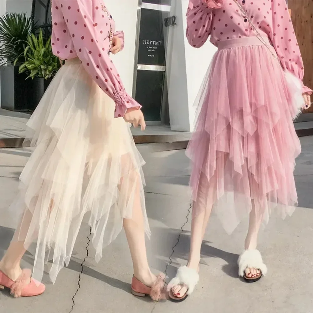 Fashion Summer Tutu Women Skirt Harajuku Tulle Bottom Faldas Casual High Waist Midi Mesh Skirts Woman Clothes Saia 하프 스커트