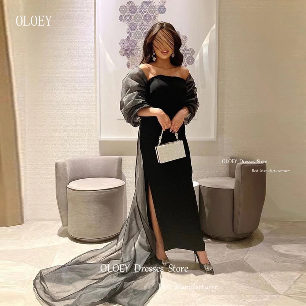 

OLOEY Simple Black Saudi Arabic Evening Dresses With Jacket Shawl Split Tulle Prom Gowns Formal Party Occasion Dress Vestidos