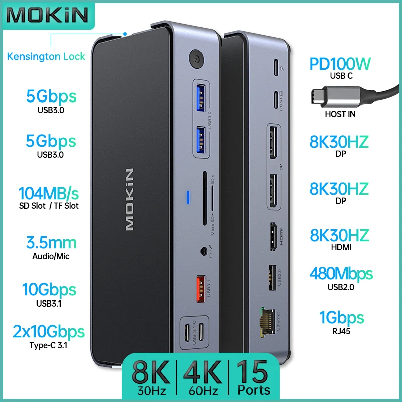 

MOKiN 15 in 1 Docking Station for iPad, Thunderbolt Laptop Dual Channels 4K60HZ USB3.0 USB3.1 HDMI 8K30Hz PD 100W RJ45 1Gbps