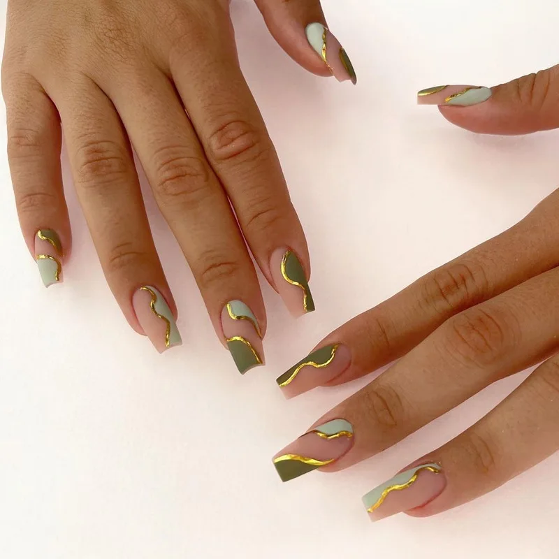 

24Pcs/Set Pink Green Patchwork French Wear Fake Nails Art Gold Line Acrylic Press on Nail Artificial Full Cover Long Nails False