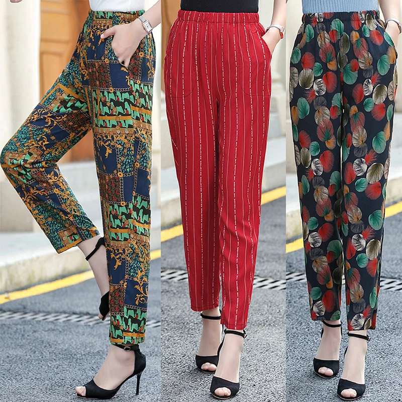 2023NewWomensHaremPantsSummerBottomswithPrintCasualElastic