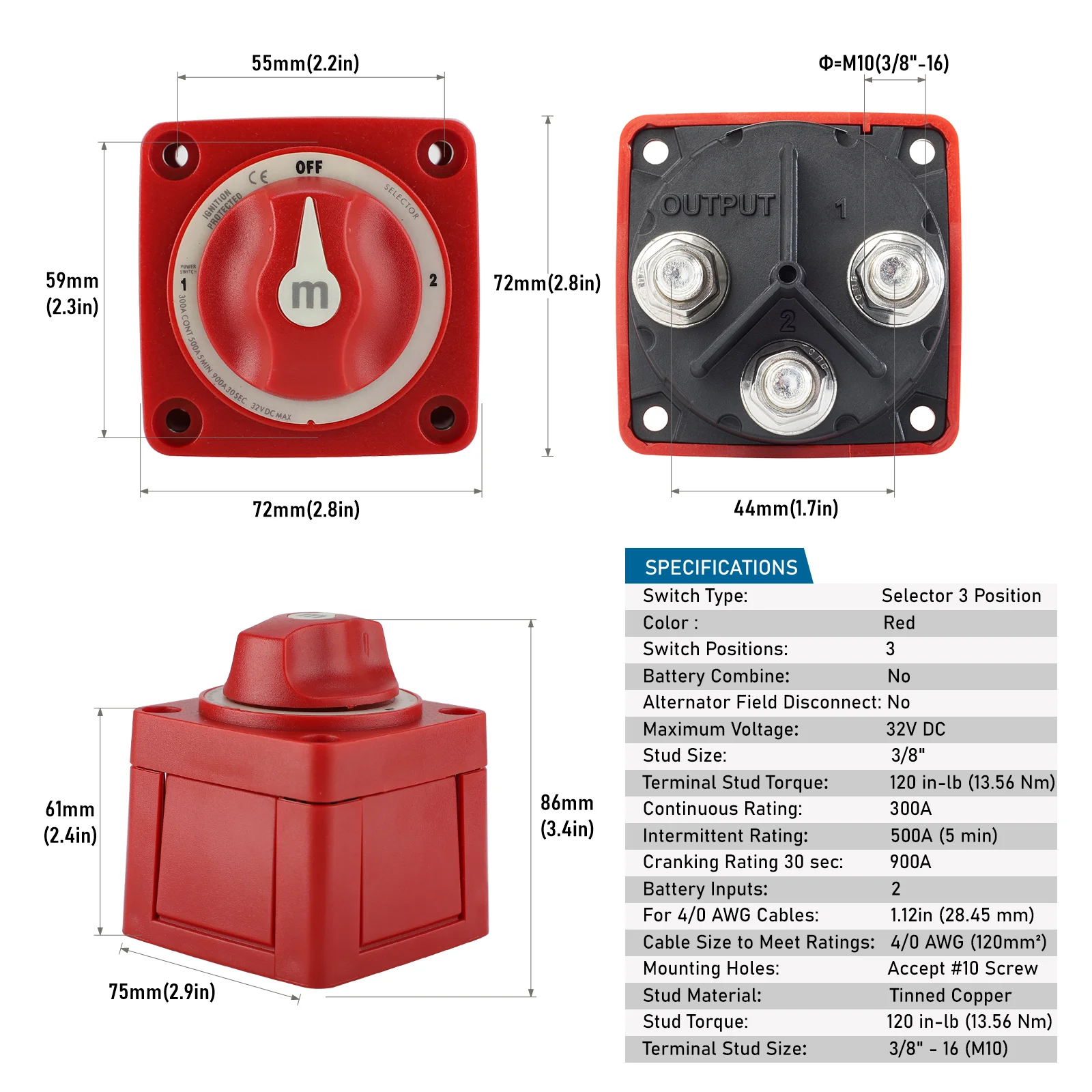 3/4-Positionen-Doppelkreis-Batterie-Trennschalter 300A DC 32V Isolator-Drehschalter für Wohnmobil, Auto, RV, LKW, Boot – Detail 2