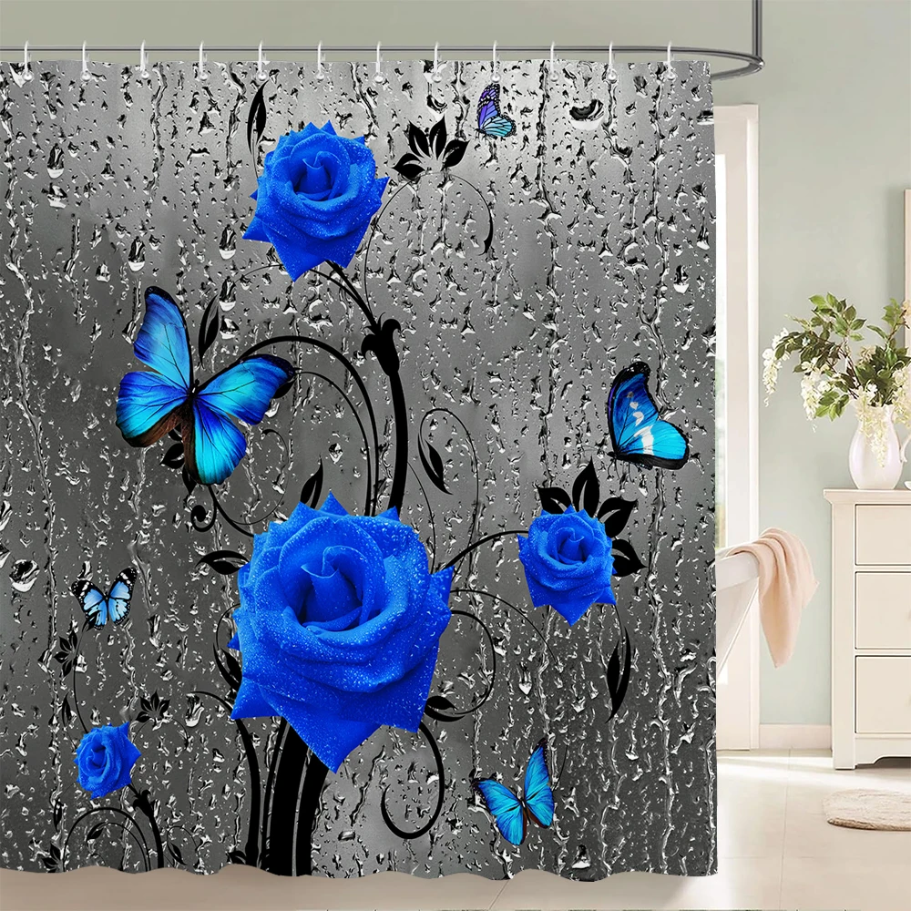 180*180cm Rose Flowers Fabric Shower Curtains Bath Mat Rugs Butterfly Flower Bathroom Curtain Set Home Decoration shower curtains