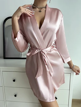 Solid Satin Night Robe Long Sleeve V Neck Robe With Belt Women's Sleepwear 5