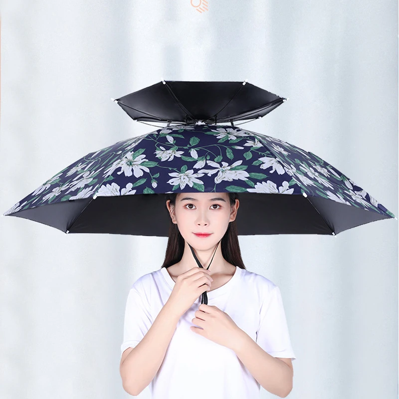 Head-Mounted Fishing Umbrella Hat, Sunscreen Folding Overhead Umbrella, Double-Layer, Large Sunshade, Rain Hat, 1Pc