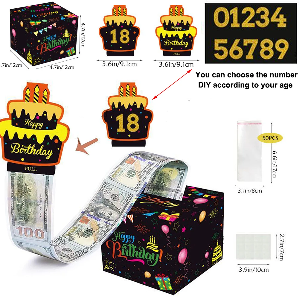 

Birthday Money Box for Cash Pull Surprise Roll Gift Boxes for Kids Adults Happy Birthday Day Card Transparent Bags Surprise Box