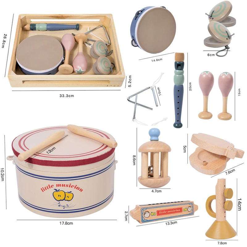 Kids Wooden Music instruments Set Toys Montessori Sensory Toys Sand Drum Hammer Instrument Percussion Preschool Educational Toys 6