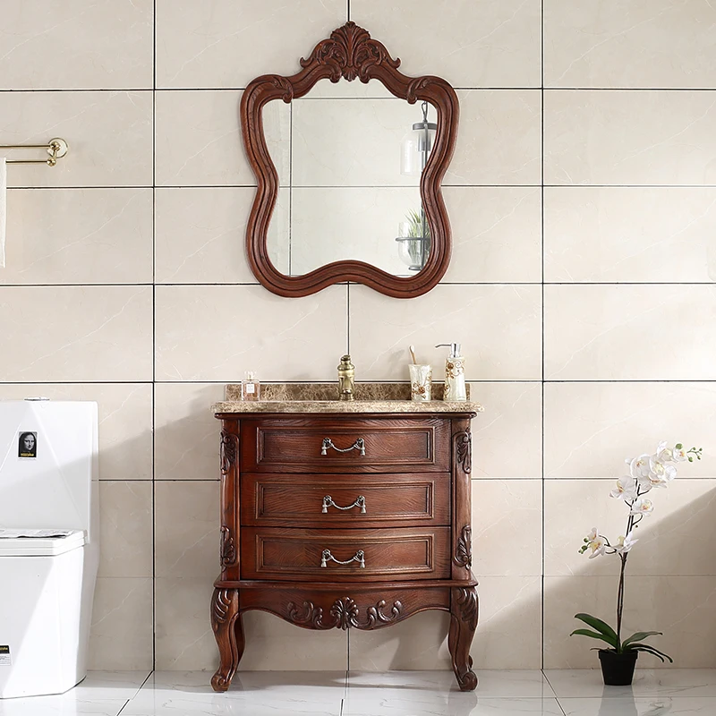 

Red Oak European Bathroom Cabinet Small Apartment Wash Basin Cabinet Combination Solid Wood Washstand