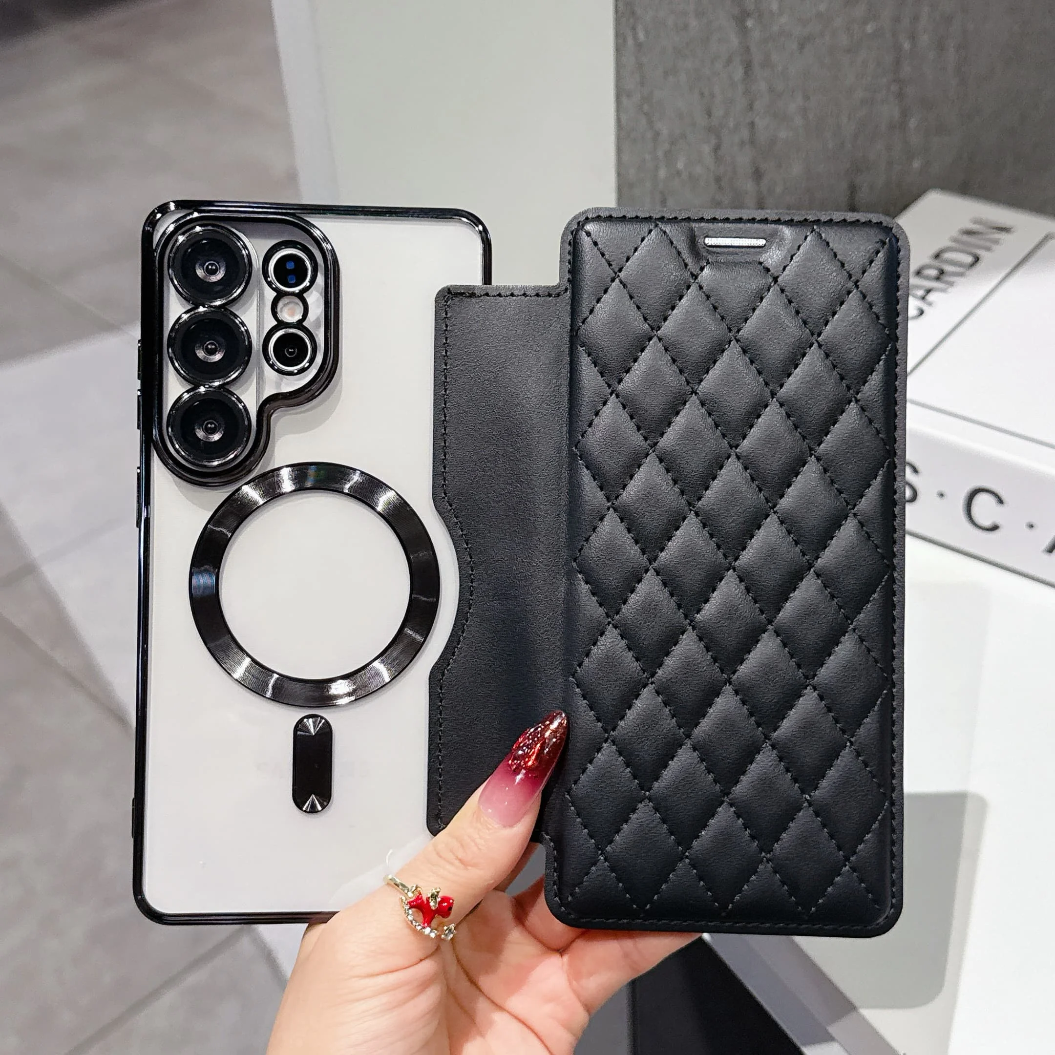 Premium PU Leather Magnetic Flip Wallet Case with Card Slots and Wireless Charging Compatibility
