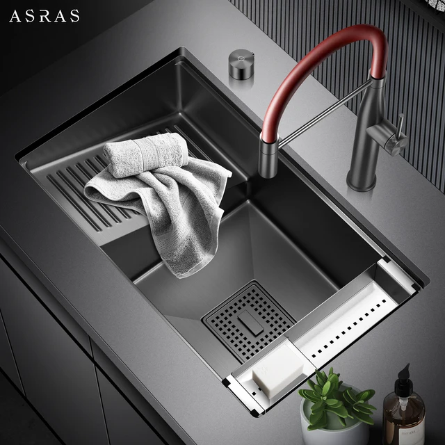 ระเบียง ASRAS พร้อมอ่างล้างหน้า อ่างล้างจานสแตนเลส 304 สีเทานาโน อ่างล้างหน้าใต้โต๊ะ อ่างล้างจานเดี่ยว 2
