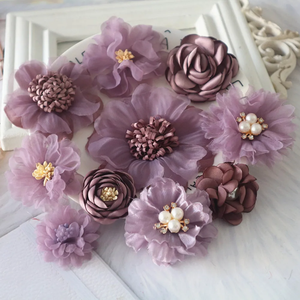 10PCS/Lot Mix Styles Dark Purple Series Fabric Chiffon Rose
