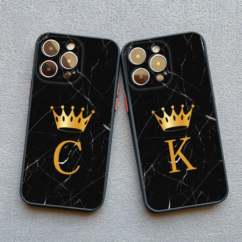 Crown Letter A To Z Phone Case For Iphone 13 14 15 Pro Max 11 12 8 7 Plus SE2020 X XR XS Marble Pattern Black Shockproof Cover