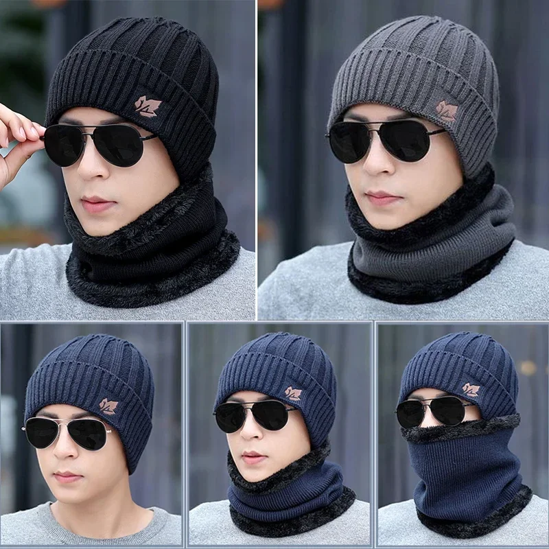 Men's Fashion Winter Beanies Hats Scarf Casual Knitted Balaclava Beanie Caps Mufflers Hat for Men Mouth Neck Warmer M007