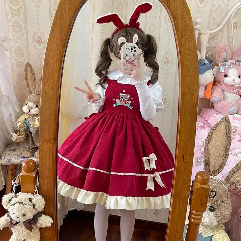 

Sweet Lolita Bear Print Jsk Dress Cute JSK Strap Dress Women Autumn Winter Girls Sleeveless Lace Bow Princess Party