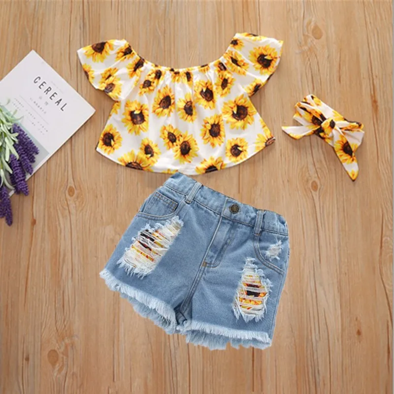 

New Summer Kids Clothes Sets Girls Strapless Sunflower Print Short Sleeve Top + Ripped Denim Shorts + Headband Children Clothing