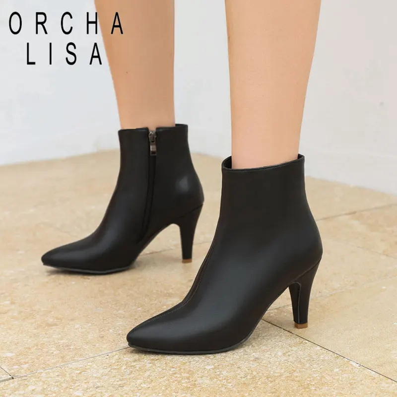 

ORCHA LISA Sexy Women Boots Plus Size 46 47 Pointed Toe Thin High Heels 8.5cm Zipper Autumn Party Fashion Ankle Bota 33 34