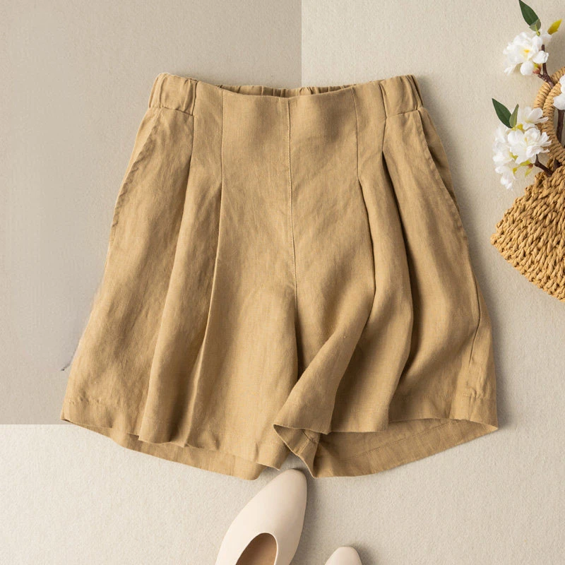 

2023 New Summer Fashion Vintage Cotton Hemp Loose Elastic Waist Cropped Casual Shorts Pants for Women