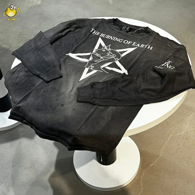 

Loose Long Sleeve Tee Saint T Shirts Men Woman 1:1 Best Quality Washed Grey Casual Couple High Street Printing Vintage Top