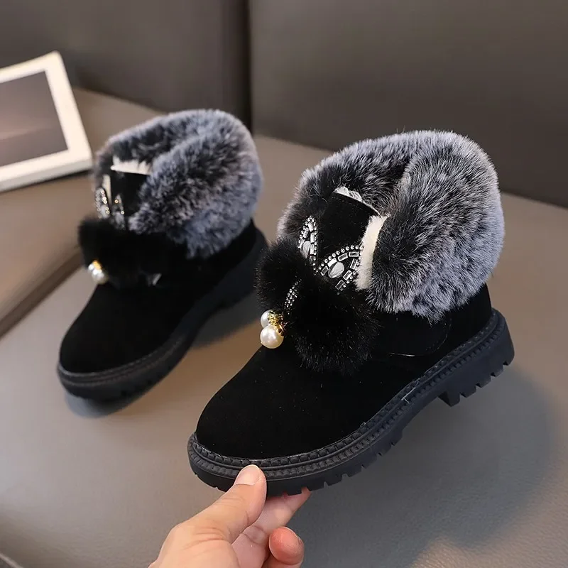 Fashion Kids Warm Ankle Boots Princess Winter Luxury Rhinestone Girls Thermal Boots Furry Hairy Soft Children Plush Cotton Boots