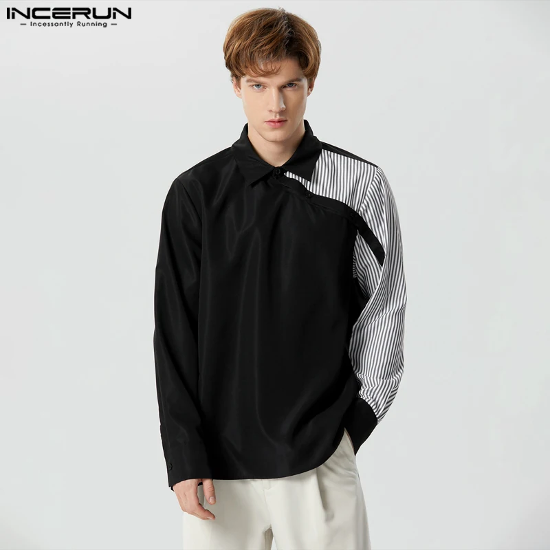 

INCERUN Tops 2023 American Style Handsome Mens Striped Patchwork Shirts Casual Simple Male Hot Selling Long Sleeved Blouse S-5XL