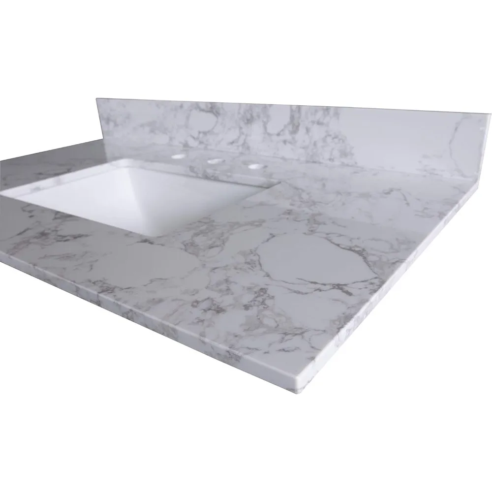 43"x 22" Bathroom Vanity Top ,White Marble Color With Rectangle Undermount Ceramic Sink And 3 Faucet Hole With Back Splash 6