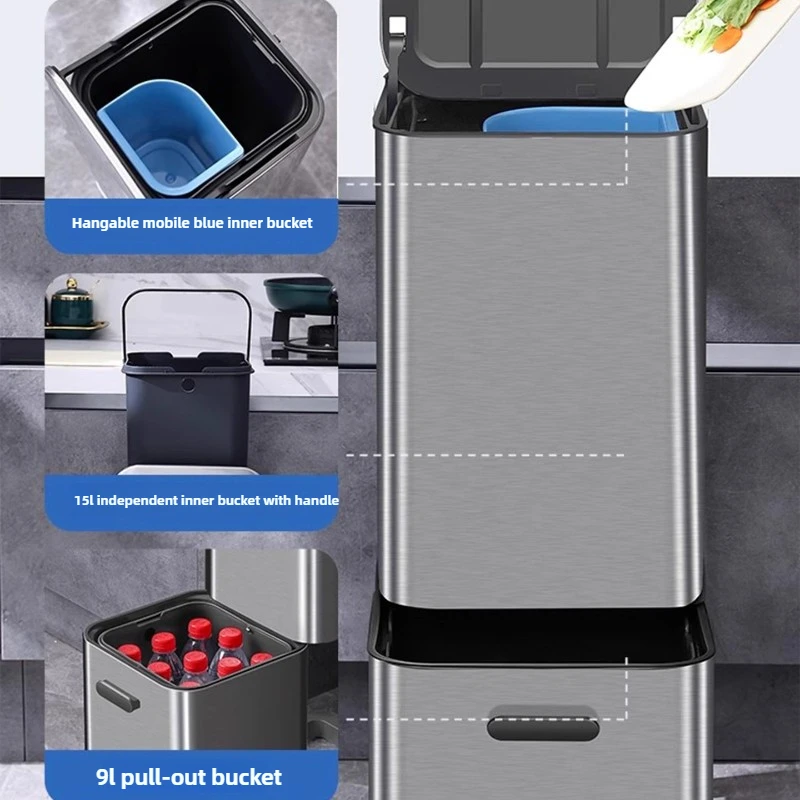 ? 이중층 스테인리스 주방 쓰레기통, 뚜껑이 있는 굽히지 않는 쓰레기통, 대용량 쓰레기통, 쉽게 청소할 수 있는 종이 타월 홀더