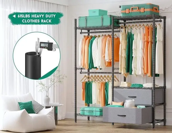 Adjustable Clothing Racks for Hanging Clothes, Portable Closet with 2 Drawers 3 Hanging Rods Load 650lbs, Black